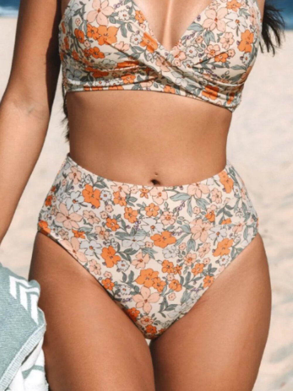 CUPSHE Floral Print Spliced High Waist Bikini Bottoms